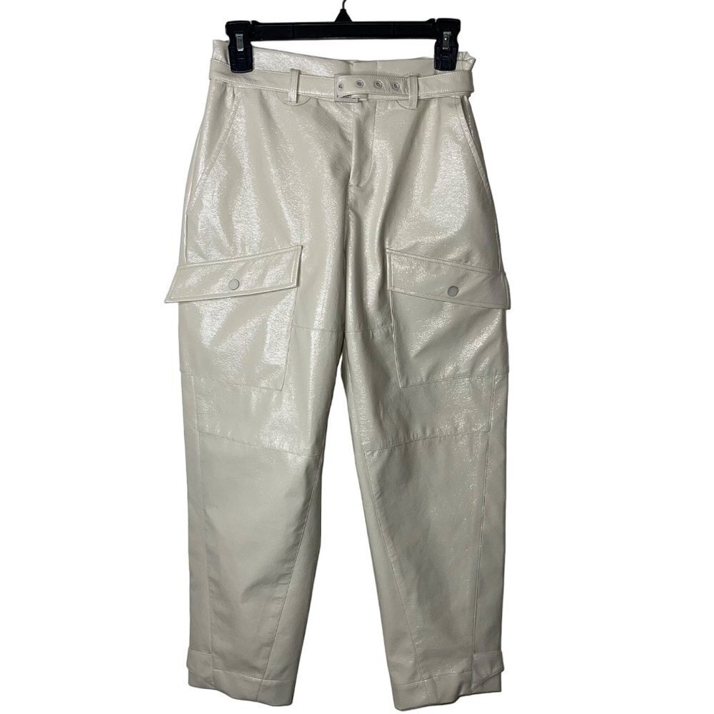 Ted Baker Womens Trouser Size XS Cream Vinala Barrel Leg Vinyl Pockets Belt